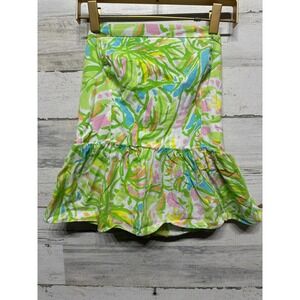 Lilly Pulitzer Strapless Peplum Top Womens 2 Green Pink Tropical Palm Leaf EUC